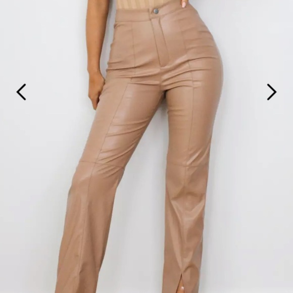 Missguided Mocha Split Front Faux Leather Pants - Picture 2 of 5